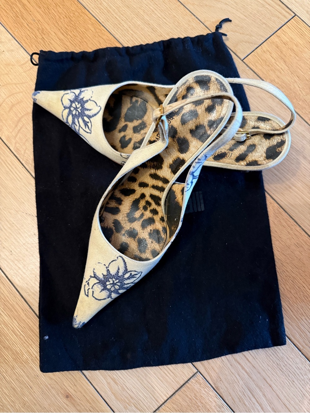 Roberto Cavalli Beige Floral Pointed Slingback Heels with Leopard Insole